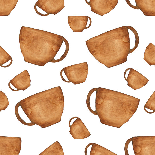 在白色背景上无缝图案的棕色粘土杯子。水彩手绘重复纹理壁纸，数码纸，织物，纺织品。茶杯插图。图片下载