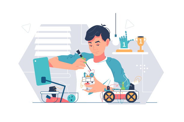 男孩用工具修理电动汽车图片下载