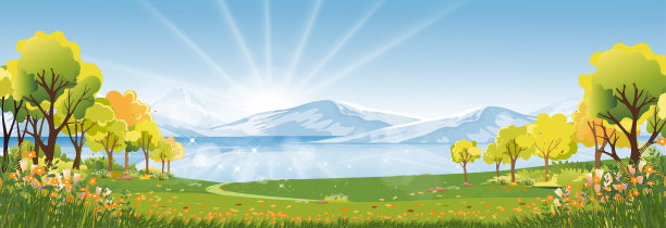 春天的风景在城市公园的早晨，自然公园与河流，鲜花盛开的花园，绿色的田野与湖泊和蓝天的宁静景象，晴天多云的夏天。图片下载