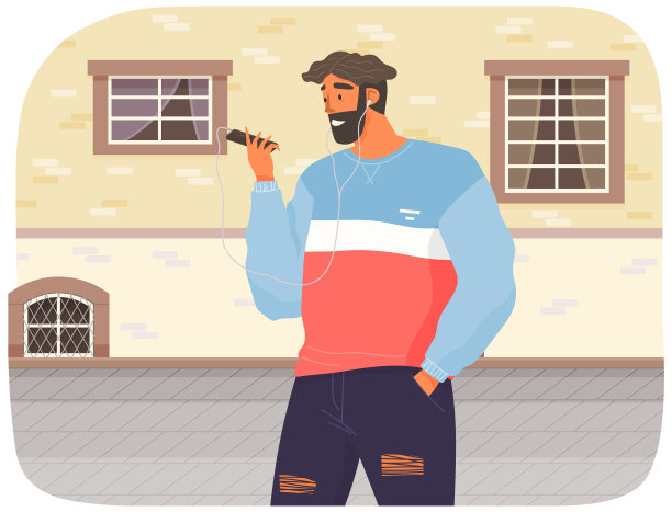 戴着耳机的快乐男人正在看他的智能手机。这家伙边走边听音乐图片下载