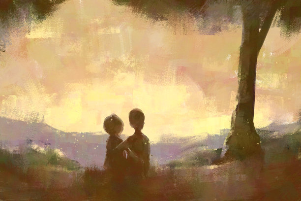 数字艺术绘画组抽象年轻夫妇在森林日落。图片下载