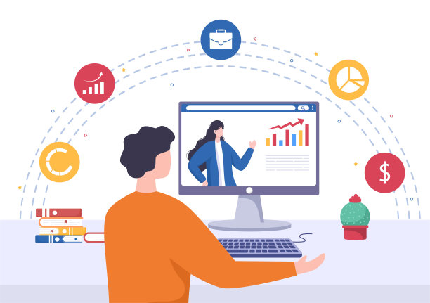 商务在线培训，研讨会或课程背景矢量插图。导师做关于市场营销，销售，报告，电子商务的演讲。横幅和着陆页图片下载