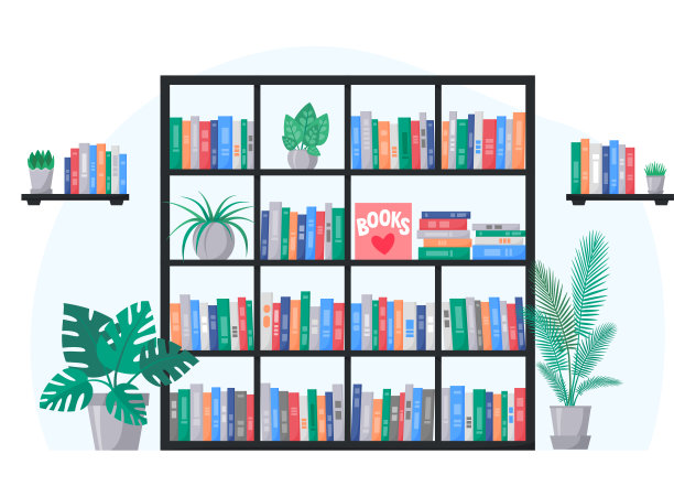 书架和书架上收藏着五颜六色的书。室内有室内植物。向量图片下载