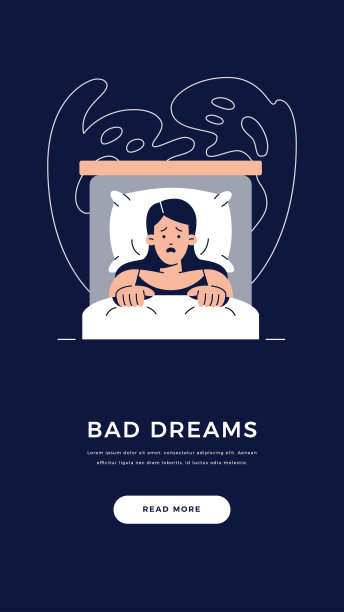 恶梦障碍旗帜。惊恐的女人躺在床上，被鬼吓着，从噩梦中醒来。睡眠障碍，失眠，噩梦，夜惊概念。平面向量插图图片下载