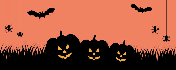 出售横幅快乐的万圣节与阴影怪物在橙色背景，万圣节插图。图片下载