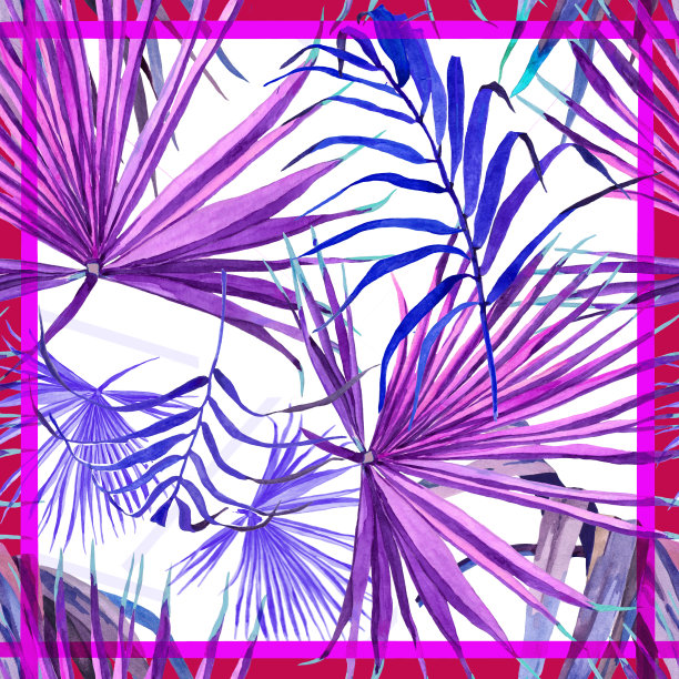 围巾设计与粉红色和紫色棕榈叶水彩在白色的背景。图片下载