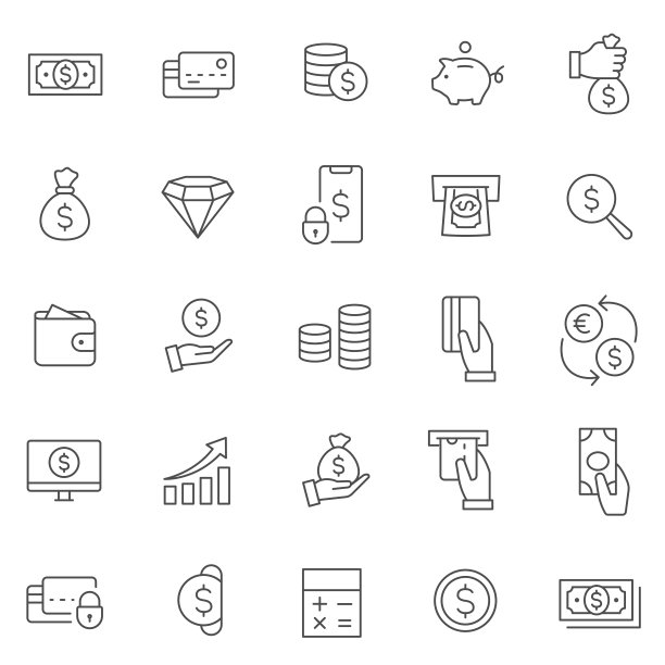 金钱线图标设置。财务图标简洁明了。可编辑的中风。手里拿着硬币、钱袋和美元。包含- ATM，小猪银行，信用卡，硬币，钱包，图表和更多-股票矢量。图片下载