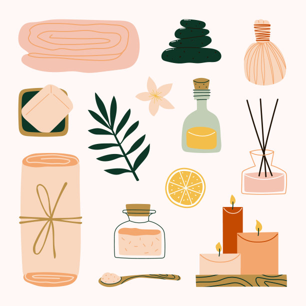 美容和水疗元素与毛巾，石头，草药球，精油，肥皂，矿物盐和芳香疗法插图图片下载