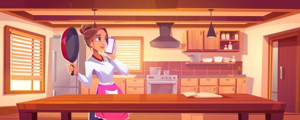 家庭主妇在厨房里用手机聊天图片下载