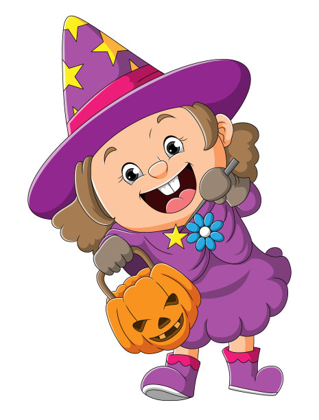 可爱的女巫女孩拿着可怕的南瓜和魔杖图片下载