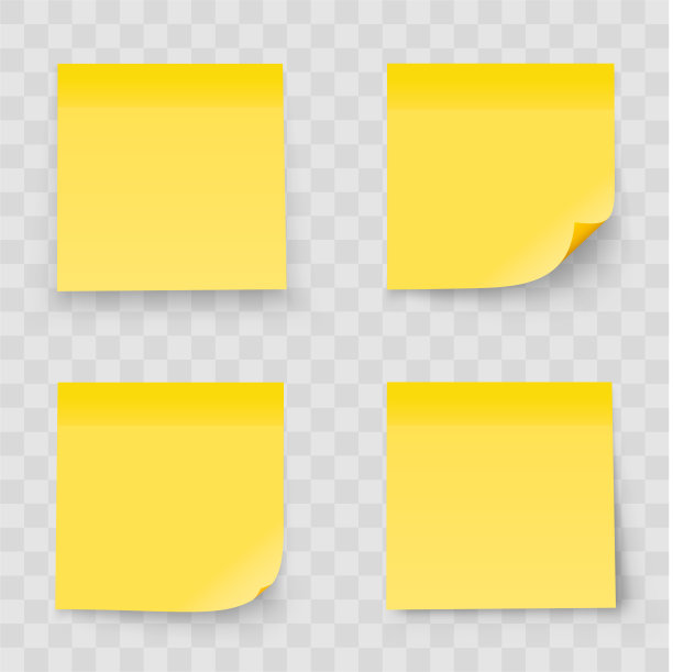 在透明的背景上隔离的现实设置贴纸。黄颜色。贴它的笔记收集与影子股票向量。图片下载