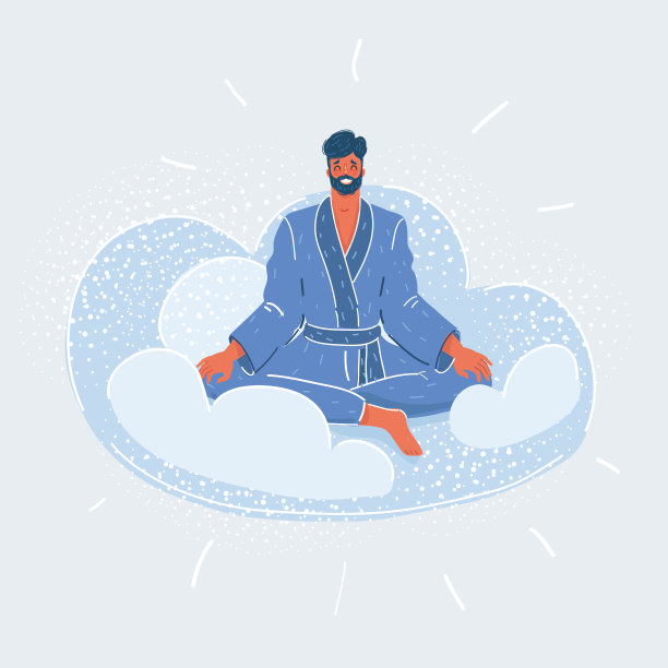 向量插图的人放松在云。在白色背景的天堂里，男人穿着睡衣，很随意。图片下载