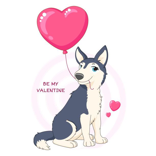 有趣的卡通哈士奇与心形气球图片下载