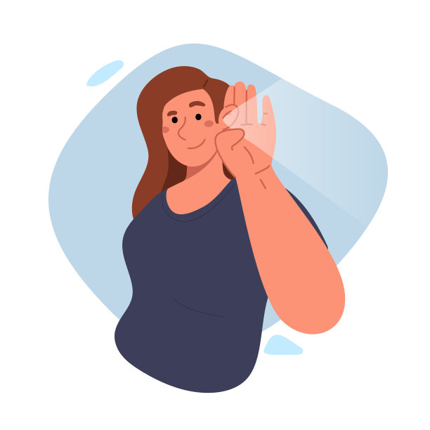 年轻的女孩微笑着，把她的手放在耳边。女人聚精会神地听着。矢量平面插图。图片下载