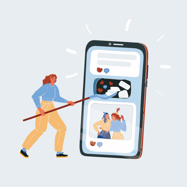 矢量插图的妇女使帖子和新闻在社会网络，博主和用户概念。巨型智能手机，活跃的网络生活。图片下载