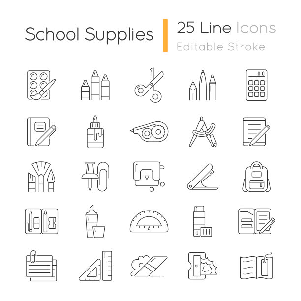 学校用品直线图标集图片下载