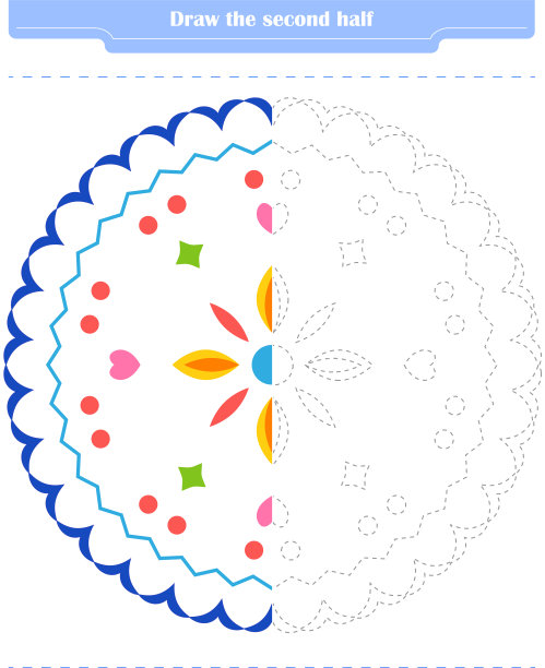儿童教育游戏。圈出形状的第二部分并上色。图片下载