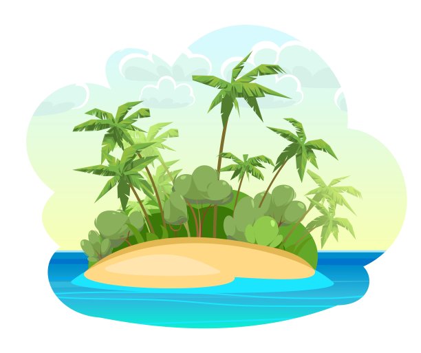 海洋中的绿岛。卡通风格。蓝色平静的大海。丛林的棕榈树。平面设计说明。孤立在白色背景上。向量。图片下载