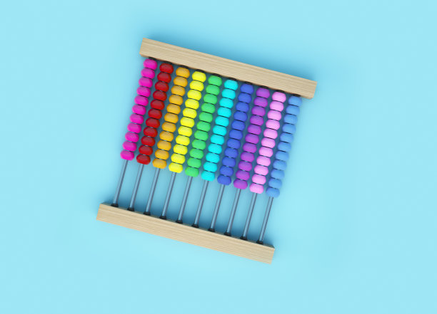 五颜六色的中国古代算盘孤立在蓝色背景上。计算和计数工具。数学。模拟计算器。3 d演示。图片下载