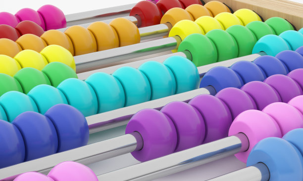 彩色中国古代算盘孤立在白色背景上。计算和计数工具。数学。模拟计算器。3 d演示。图片下载