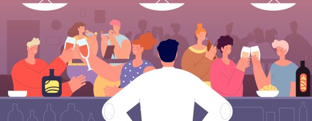 朋友在酒吧喝酒。年轻人寻欢作乐，酒吧招待看着人群拿着葡萄酒和啤酒。快乐的成年人在酒吧欢呼，酒会完全vector概念图片下载