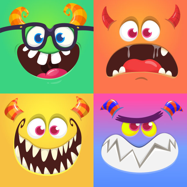 有趣的卡通怪物面对情绪设定。插图对神话中的外星生物有不同的表达。万圣节晚会设计。伟大的包装设计。图片下载