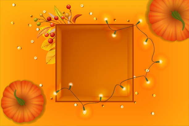 橘色南瓜和橘色背景上的花环礼盒。感恩节快乐。秋天的壁纸。秋天的背景。南瓜收获图片下载