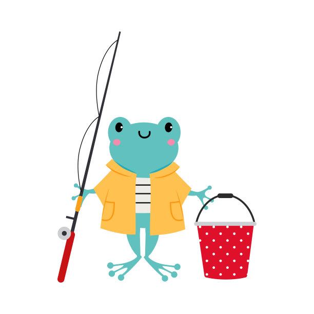 可爱的青蛙森林动物外套与桶和鱼竿矢量插图图片下载