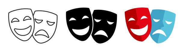 剧场面具矢量图标。悲剧和喜剧的面具。三版线黑白与彩色口罩隔离。图片下载