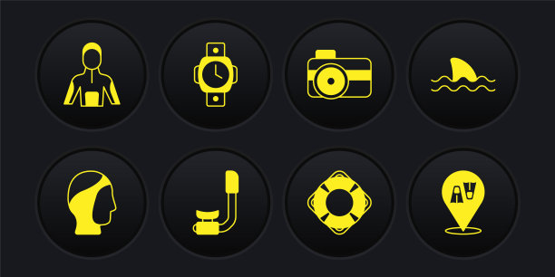 设置潜水帽，鲨鱼，通气管，救生圈，潜水相机，手表，脚蹼游泳和潜水图标。向量图片下载