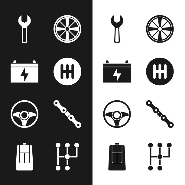 设置变速杆，汽车电池，扳手扳手，合金车轮，转向，链条，钥匙与远程图标。向量图片下载