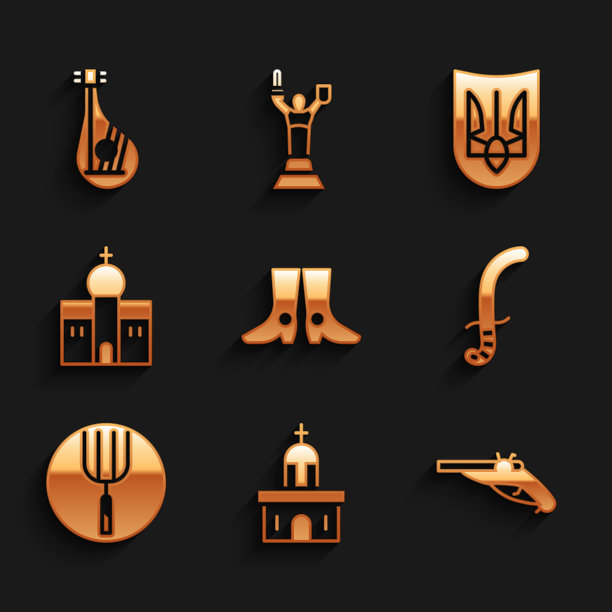 设置乌克兰鞋，教堂建筑，老式手枪，中世纪剑，花园干草叉，三叉戟和班杜拉图标。向量图片下载