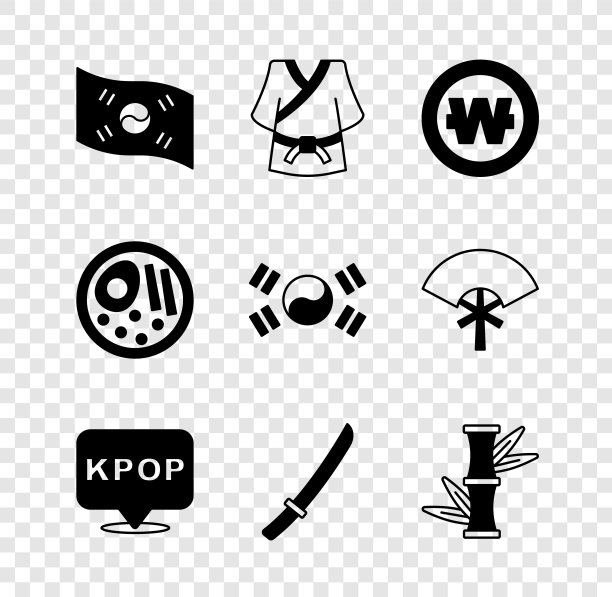 设置韩国国旗、和服、韩币、K-pop、武士刀、竹子、拉面和偶像。向量图片下载