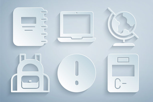 设置语音泡泡和感叹号，地球仪，学校背包，有错误答案的试卷，笔记本电脑和笔记本电脑图标。向量图片下载