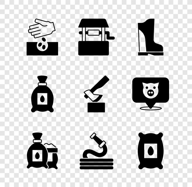 设置种子，好，防水橡胶靴，包装完整的种子植物，花园软管，和木斧图标。向量图片下载