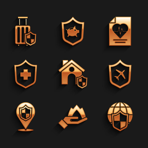 设置房屋与盾牌，手握火，盾世界地球仪，飞机，位置，健康保险，和旅行手提箱图标。向量图片下载