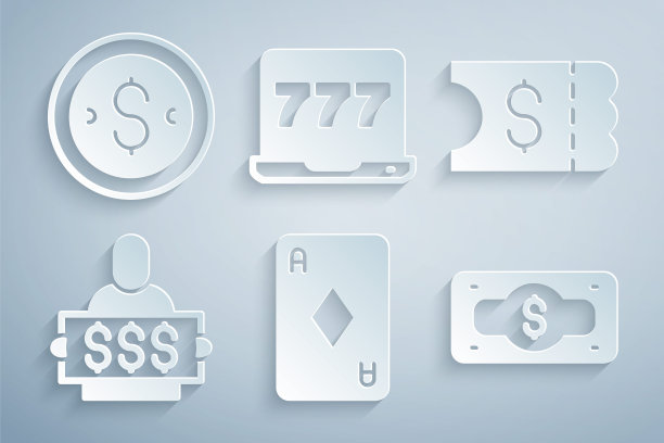 集扑克牌与钻石，彩票，获胜者持有奖品，堆栈纸币现金，笔记本电脑和老虎机和硬币美元的图标。向量图片下载