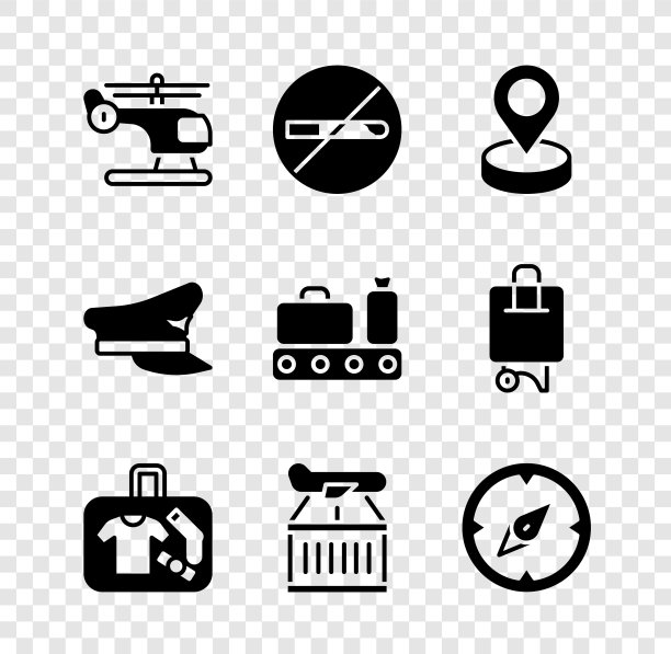 设置直升机，禁止吸烟，位置，手提箱，飞机，指南针，飞行员帽和传送带与手提箱图标。向量图片下载