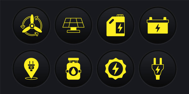 集电动插头，汽车电池，丙烷气罐，闪电，生态燃料罐，太阳能电池板，风力涡轮机图标。向量图片下载