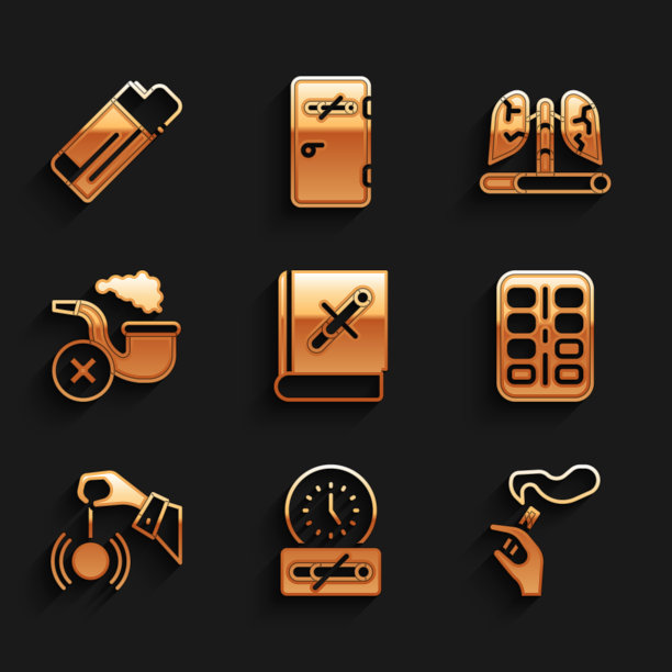 戒烟书，禁止吸烟时间，手，尼古丁泡泡糖包，催眠，吸烟烟斗烟雾，疾病肺和打火机图标。向量图片下载