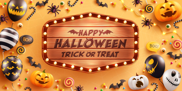万圣节快乐与复古木板。黄色背景上的恐怖气球、南瓜和万圣节元素。网站幽灵，背景或横幅万圣节模板图片下载