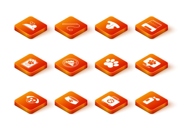 设置狗，宠物食品碗，临床记录宠物，没有大便，急救箱，爪子印，洗发水和地点兽医医院图标。向量图片下载