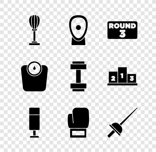 套沙袋，拳击训练爪，环板，手套，击剑，浴室秤和哑铃图标。向量图片下载