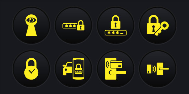 设置挂锁与时钟，锁和钥匙，智能汽车安全系统，数字门无线，密码保护和图标。向量图片下载