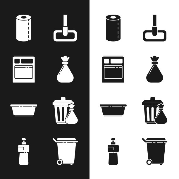 设置垃圾袋、厨房洗碗机、纸巾卷、拖把、塑料盆、垃圾桶及垃圾、洗碗液瓶图标。向量图片下载