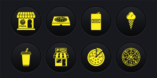 设置玻璃与水，冰淇淋在华夫饼甜筒，比萨建筑立面，比萨，啤酒罐，纸箱，和图标。向量图片下载
