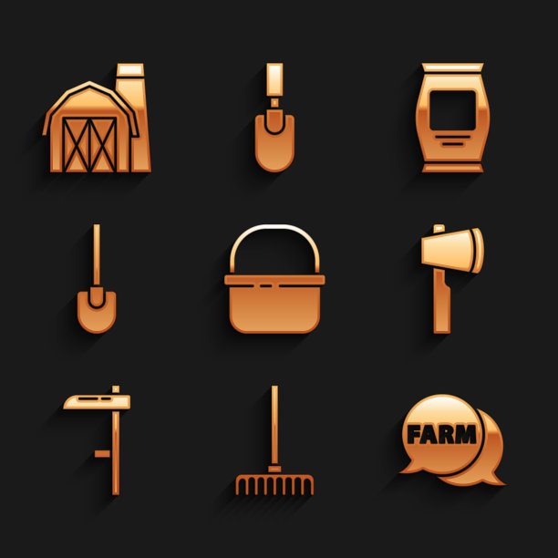 Set Basket, Garden rake, Speech bubble with Farm, Wooden axe, Scythe, Shovel, Fertilizer bag and house icon. Set Basket, Garden rake, Speech bubble with Farm, Wooden axe, Scythe, Shovel, Fertilizer bag and house icon。向量图片下载