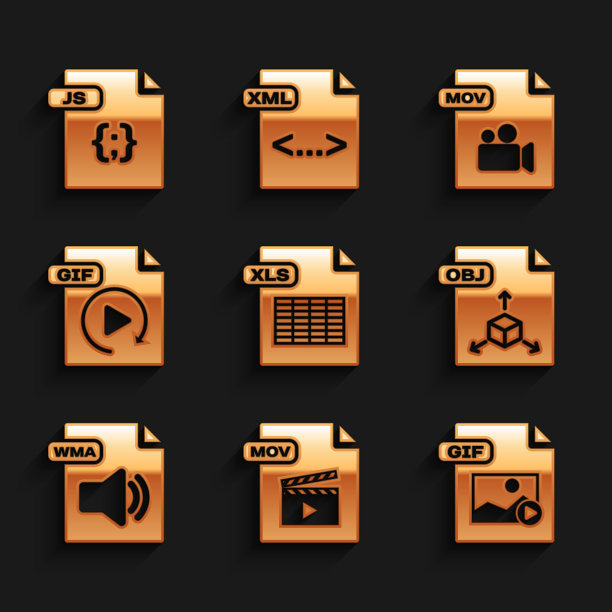 设置XLS文件文档，MOV, GIF, OBJ, WMA, JS图标。向量图片下载