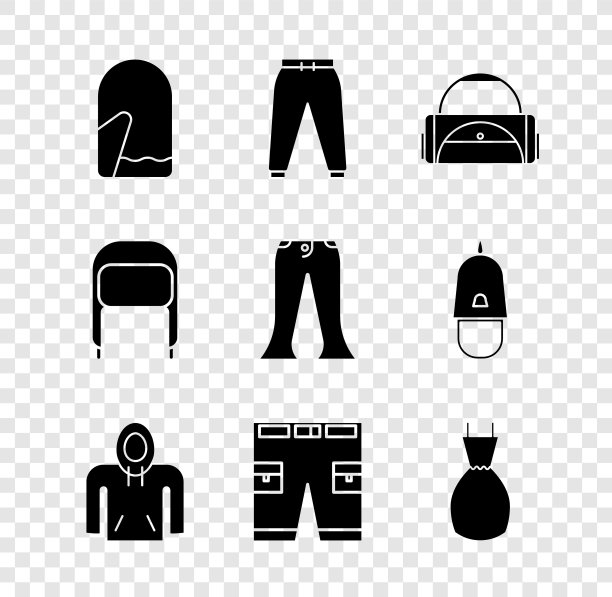 设置圣诞手套，运动裤子，包，连帽衫，短，女人连衣裙，冬季帽子与耳盖和裤子图标。向量图片下载