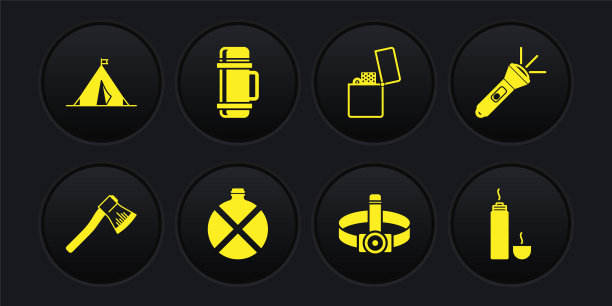 木斧，手电筒，水壶水壶，头手电筒，打火机，保温瓶，旅游帐篷与旗帜图标。向量图片下载